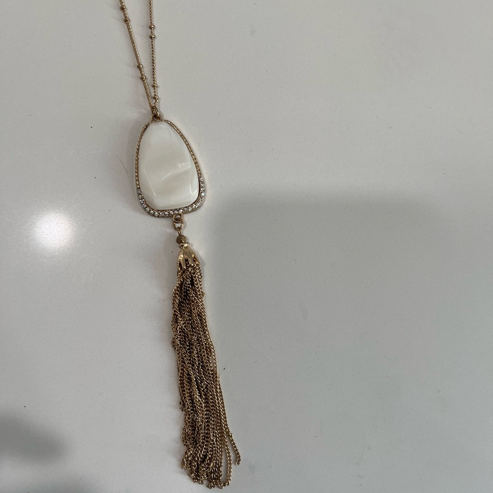 Long gold and white layering necklace